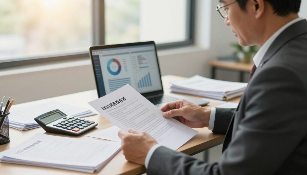 A professional setting showcasing an office environment focused on the topic of hazardous work conditions. In the foreground, a middle-aged business professional in a smart suit sits at a desk, reviewing documents related to harmful work conditions and pension supplements, conveying a sense of importance and diligence. The middle layer features a desk cluttered with papers, a calculator, and a laptop displaying charts and data regarding 2026 pension additions. In the background, large windows allow natural light to filter in, creating a bright and optimistic atmosphere. The color palette is warm and inviting, suggesting hope for workers' rights and proper compensation. The overall mood should be serious yet hopeful, reflecting the importance of the subject matter without any text or distractions.