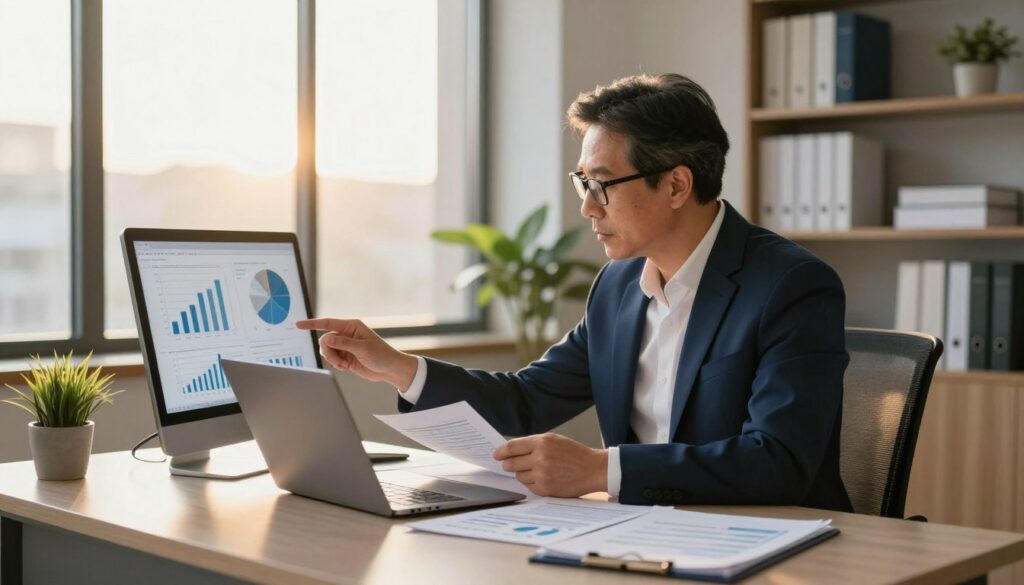 A professional tax advisor in a modern office setting, sitting at a sleek desk covered with financial documents and a laptop. The advisor, a middle-aged individual, is dressed in a tailored navy suit and glasses, appearing focused as they analyze charts and graphs on the screen. Golden hour sunlight filters through large windows, casting a warm glow on the workspace and creating soft shadows. In the background, there are shelves filled with books on tax law and finance, a potted plant adding a touch of greenery. The atmosphere is serious yet inviting, embodying professionalism and expertise in the tax consulting field.