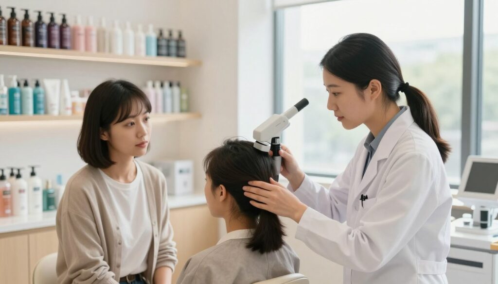 A professional trichologist consulting with a client in a bright, modern clinic. In the foreground, the trichologist, dressed in a smart white lab coat, is examining a client's scalp using a high-tech device. The client, a diverse individual in casual yet modest clothing, looks engaged and curious. In the middle ground, shelves of hair care products and tools are neatly organized, showcasing a range of professional services. The background features a large window with soft, natural light streaming in, creating an inviting atmosphere. The overall mood is focused and professional, emphasizing the importance of scalp health and trichological services. The image should have a warm color palette to convey a sense of care and expertise.