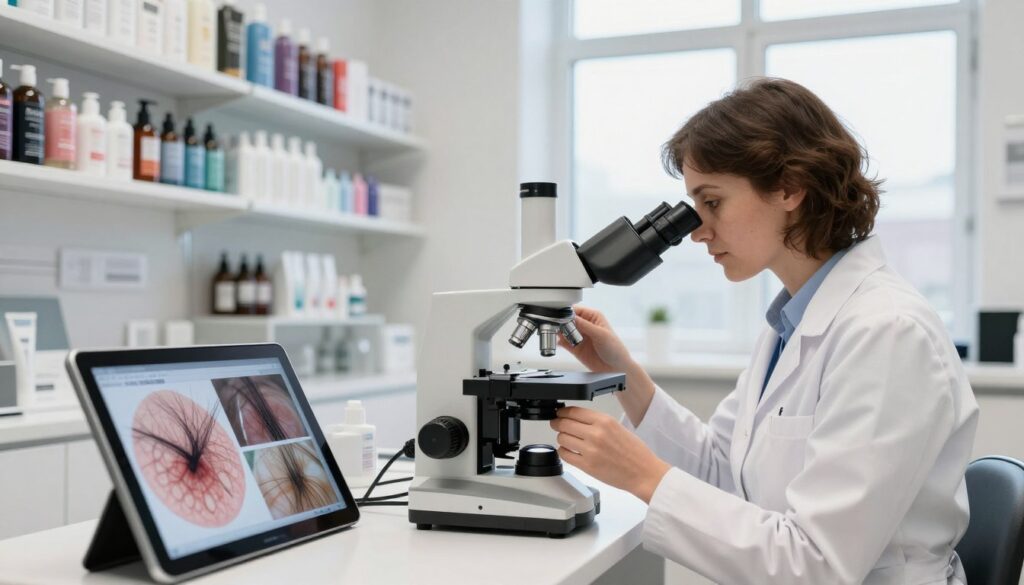 A professional trichologist in a modern clinic setting, dressed in a white lab coat, examining hair samples under a microscope. In the foreground, there are detailed close-ups of hair strands and scalp conditions displayed on a digital tablet. In the middle, shelves filled with an array of hair care products line the walls, showcasing various treatments and serums that influence their income. The background features a large window with soft, natural light streaming in, illuminating the workspace and creating a calm and professional atmosphere. The overall mood is one of expertise and care, depicting the essence of a trichologist’s work in Poland in 2026.