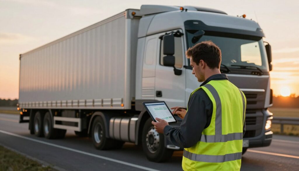 A professional truck driver in a reflective safety vest stands next to his large, modern truck on a scenic highway. The foreground captures him checking a digital tablet, focusing on data related to salary metrics like median and average pay. In the middle ground, the truck is parked prominently, showcasing its details such as the company logo and cargo load. The background features a sunset sky, casting warm golden light that enhances the mood of hard work and dedication. The scene conveys a sense of professionalism and industry, highlighting themes of logistics and transportation. No text, captions, or watermarks are included, ensuring a clean presentation suitable for a business article.