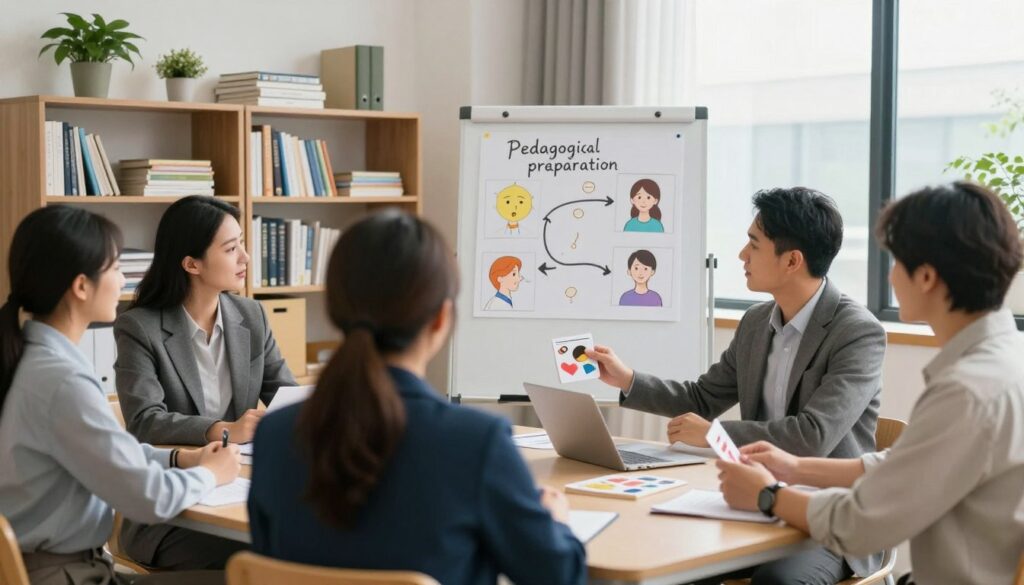 A professional, well-lit classroom setting highlighting the theme of "pedagogical preparation." In the foreground, a diverse group of educators, dressed in business attire, engaged in a collaborative discussion. One educator, a speech therapist, is demonstrating techniques using visual aids like flashcards. The middle ground features a whiteboard filled with colorful diagrams and illustrations related to speech therapy. The background includes bookshelves stacked with educational material, plants for a warm touch, and large windows allowing natural light to flood the room. The atmosphere is focused and engaging, conveying the importance of training for speech therapy and teaching. Soft, diffused lighting enhances the professional ambiance, capturing a moment of learning and preparation. A professional, well-lit classroom setting highlighting the theme of "pedagogical preparation." In the foreground, a diverse group of educators, dressed in business attire, engaged in a collaborative discussion. One educator, a speech therapist, is demonstrating techniques using visual aids like flashcards. The middle ground features a whiteboard filled with colorful diagrams and illustrations related to speech therapy. The background includes bookshelves stacked with educational material, plants for a warm touch, and large windows allowing natural light to flood the room. The atmosphere is focused and engaging, conveying the importance of training for speech therapy and teaching. Soft, diffused lighting enhances the professional ambiance, capturing a moment of learning and preparation.