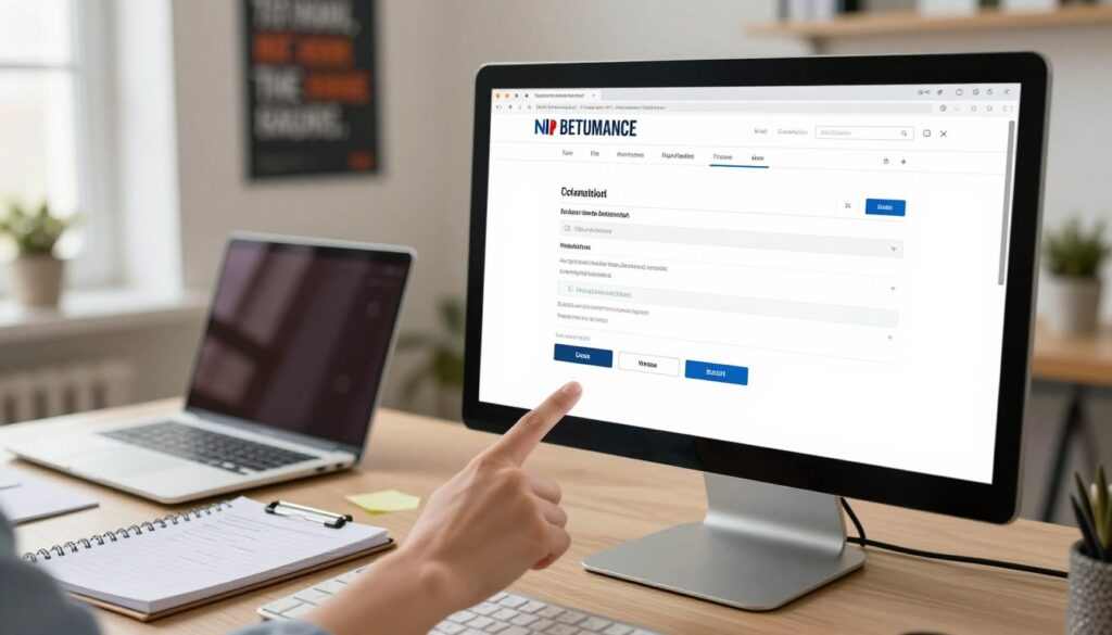 A professional workspace depicting a close-up view of a computer screen displaying a tax identification number (NIP) verification page from the Polish Ministry of Finance's official website. The foreground features a hand elegantly pointing towards the screen, emphasizing engagement with the content. In the middle ground, a well-organized desk is visible, equipped with a laptop, a notepad with business notes, and official documents neatly arranged. The background showcases a softly lit office space with a motivational poster on the wall, adding a productive atmosphere. The lighting is bright yet warm, creating an inviting mood, with a slight bokeh effect blurring the background details. The scene conveys professionalism and diligence in verifying tax identification. A professional workspace depicting a close-up view of a computer screen displaying a tax identification number (NIP) verification page from the Polish Ministry of Finance's official website. The foreground features a hand elegantly pointing towards the screen, emphasizing engagement with the content. In the middle ground, a well-organized desk is visible, equipped with a laptop, a notepad with business notes, and official documents neatly arranged. The background showcases a softly lit office space with a motivational poster on the wall, adding a productive atmosphere. The lighting is bright yet warm, creating an inviting mood, with a slight bokeh effect blurring the background details. The scene conveys professionalism and diligence in verifying tax identification.