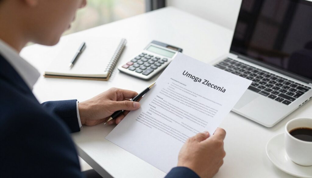 A professional workspace depicting a neatly arranged desk with a partially visible open laptop and a contract titled "Umowa Zlecenia" featuring clear, bold headings. In the foreground, a business professional in smart attire, a shirt and blazer, is reviewing the document, looking thoughtfully at a pen poised over it. The middle ground includes various office supplies such as a calculator, a notepad, and a cup of coffee, creating a focused atmosphere of productivity. The background shows a window allowing natural light to illuminate the scene, casting soft shadows. The mood is serious yet hopeful, conveying the importance of understanding employment contracts and their implications for benefits like unemployment assistance. The entire composition should feel balanced and professional.
