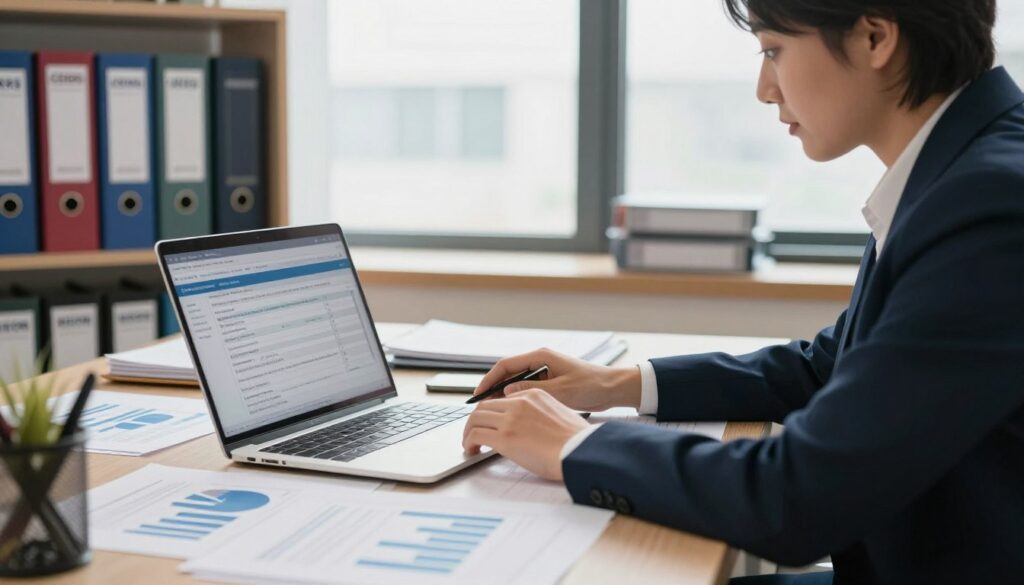 A professional workspace featuring a desk cluttered with business documents, charts, and reports related to company registrations. In the foreground, a laptop is open to an online public registry interface displaying records. A business professional in smart attire is sitting at the desk, analyzing information on the screen with a focused expression. The middle ground showcases shelves filled with folders labeled "CEIDG," "KRS," and "REGON," emphasizing key public registers. In the background, a large window allows natural light to illuminate the space, creating a bright and inviting atmosphere. The scene conveys a sense of diligence and thoroughness in checking company registrations. Aim for a clear, sharp image with a soft focus on the background to draw attention to the detailed foreground elements.