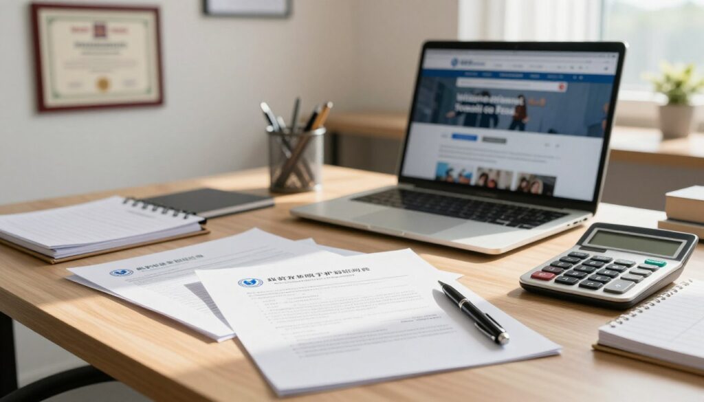 A professional workspace featuring a neatly arranged desk with various official documents related to job training programs. In the foreground, there are papers stamped with the logo of a government employment office, alongside a pen, a calculator, and a planner. The middle ground includes a laptop displaying an online portal for job seekers, while a framed certificate of completion hangs on the wall. The background shows a soft-focus view of a well-organized office, emphasizing a sense of productivity and professionalism. Natural light streams through a window, casting warm shadows. The atmosphere is calm and encouraging, reflecting the serious nature of career development. The scene should depict a business-appropriate environment, free from distractions or clutter, inviting viewers to engage with the topic. A professional workspace featuring a neatly arranged desk with various official documents related to job training programs. In the foreground, there are papers stamped with the logo of a government employment office, alongside a pen, a calculator, and a planner. The middle ground includes a laptop displaying an online portal for job seekers, while a framed certificate of completion hangs on the wall. The background shows a soft-focus view of a well-organized office, emphasizing a sense of productivity and professionalism. Natural light streams through a window, casting warm shadows. The atmosphere is calm and encouraging, reflecting the serious nature of career development. The scene should depict a business-appropriate environment, free from distractions or clutter, inviting viewers to engage with the topic.
