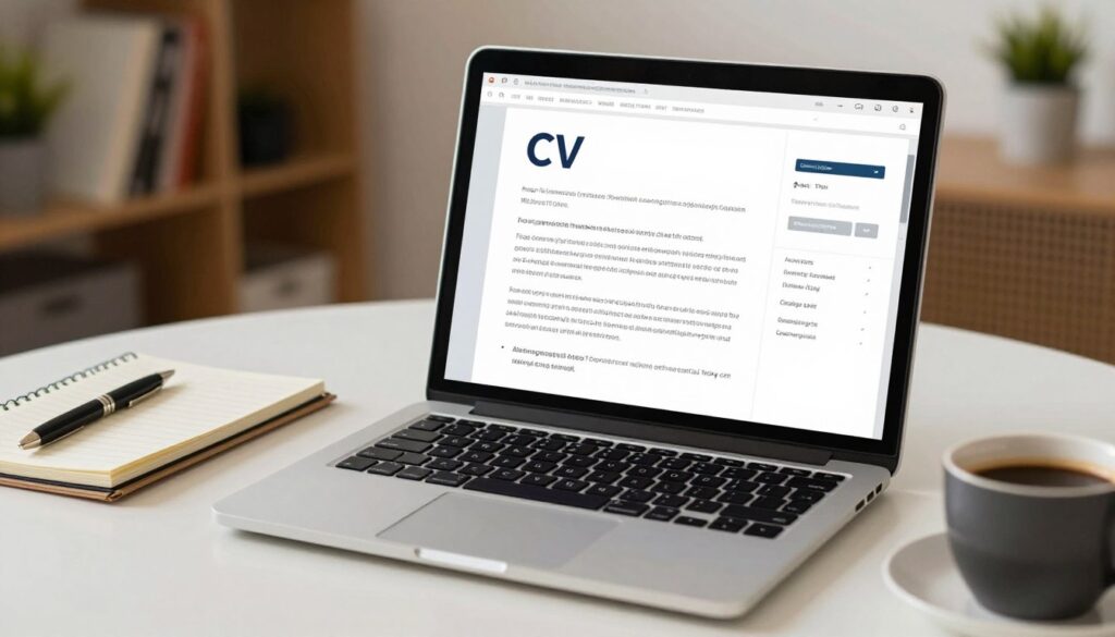A professional workspace featuring a sleek laptop open to a PDF document titled "CV" on the screen. In the foreground, a well-organized desk with a notepad, a stylish pen, and a cup of coffee. The middle ground showcases the laptop with a close-up view of the PDF layout, showing neatly formatted text and a clean design. The background is softly blurred, hinting at a cozy office space with warm lighting, bookshelves, and a plant to create an inviting atmosphere. The angle is slightly above eye level, providing a clear view of the laptop screen while emphasizing the organized nature of the workspace, evoking a sense of professionalism and readiness for job applications. The overall mood is focused and productive. A professional workspace featuring a sleek laptop open to a PDF document titled "CV" on the screen. In the foreground, a well-organized desk with a notepad, a stylish pen, and a cup of coffee. The middle ground showcases the laptop with a close-up view of the PDF layout, showing neatly formatted text and a clean design. The background is softly blurred, hinting at a cozy office space with warm lighting, bookshelves, and a plant to create an inviting atmosphere. The angle is slightly above eye level, providing a clear view of the laptop screen while emphasizing the organized nature of the workspace, evoking a sense of professionalism and readiness for job applications. The overall mood is focused and productive.