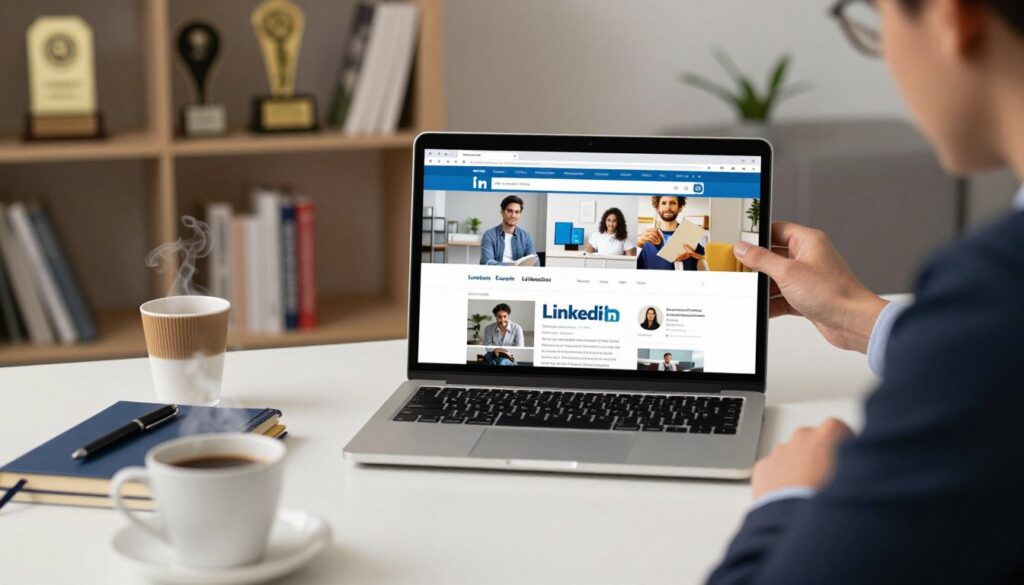 A professional workspace featuring an open laptop displaying a vibrant LinkedIn profile page, prominently showcasing a portfolio with engaging visuals of projects. In the foreground, a neatly organized desk with a stylish notebook, a pen, and a steaming coffee cup, symbolizing productivity. In the middle, a user reviewing their LinkedIn profile on the laptop, dressed in a smart business outfit, highlighting a sense of professionalism. In the background, soft-focus shelves filled with books and awards, creating an atmosphere of achievement and dedication. The lighting is warm and inviting, suggesting a productive and motivating environment, with a subtle depth of field effect to draw attention to the foreground elements.