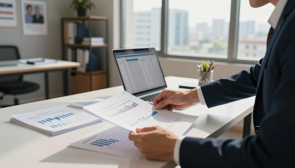 A professional workspace illustrating the concept of running a business. In the foreground, a well-dressed individual organizes documents on a sleek desk, showcasing financial statements, business plans, and a laptop with open spreadsheets. In the middle ground, a large window allows natural light to flood in, revealing a bustling cityscape outside, symbolizing opportunity and growth. The background features modern office decor, including a bookshelf filled with business literature and motivational posters. The lighting is warm and inviting, creating a focused yet optimistic atmosphere. The angle is slightly elevated, capturing both the individual and the workspace harmoniously, conveying professionalism and dedication to documenting business activities for employment history. A professional workspace illustrating the concept of running a business. In the foreground, a well-dressed individual organizes documents on a sleek desk, showcasing financial statements, business plans, and a laptop with open spreadsheets. In the middle ground, a large window allows natural light to flood in, revealing a bustling cityscape outside, symbolizing opportunity and growth. The background features modern office decor, including a bookshelf filled with business literature and motivational posters. The lighting is warm and inviting, creating a focused yet optimistic atmosphere. The angle is slightly elevated, capturing both the individual and the workspace harmoniously, conveying professionalism and dedication to documenting business activities for employment history.