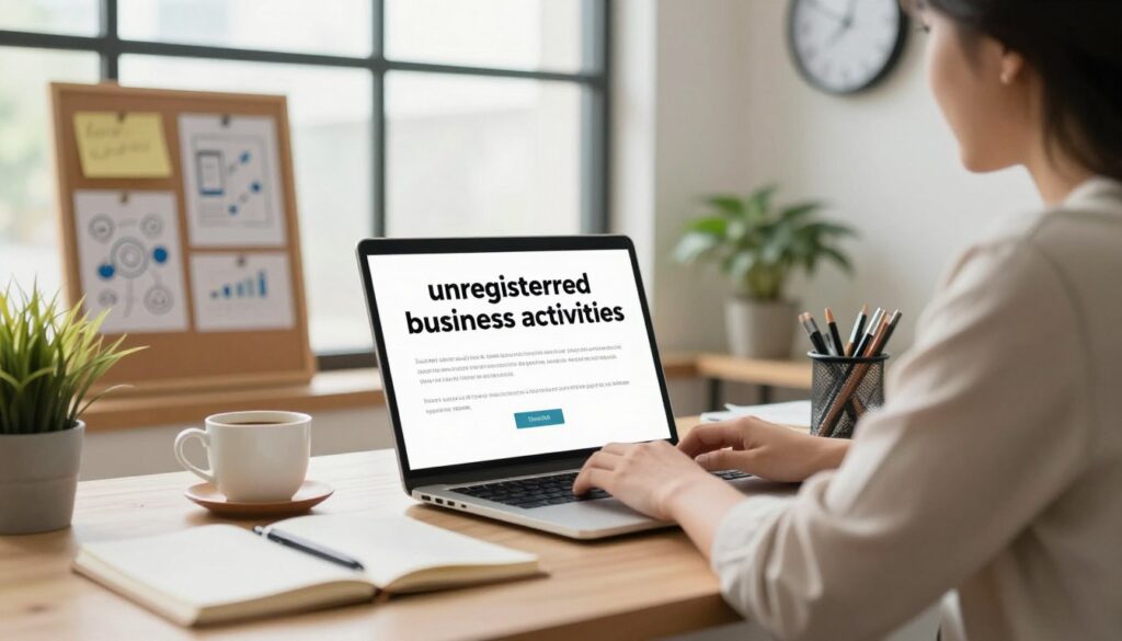 A professional workspace reflecting the concept of "unregistered business activities," featuring a tidy desk with a laptop, notebooks, and a cup of coffee. In the foreground, a person in modest casual or business attire is focused on the screen, symbolizing entrepreneurship. In the middle, a bulletin board is visible with notes and diagrams showcasing business ideas and plans. The background includes a large window letting in natural light, creating a bright and inspiring atmosphere. Items like plants and a wall clock add warmth to the scene. The mood should convey motivation and creativity, emphasizing the practical aspects of starting a business without formal registration. The lighting is soft and inviting, capturing a serene yet productive environment.