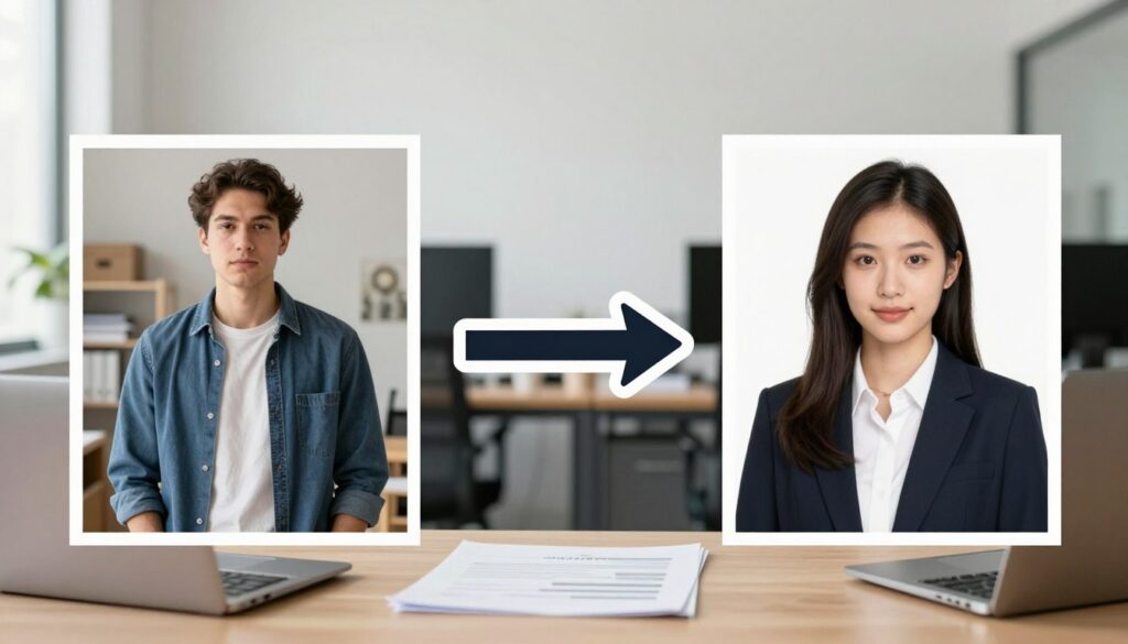 A professional workspace setting illustrating common mistakes in CV photographs. In the foreground, display a split image: on one side, a poorly lit photo of a candidate wearing overly casual clothing, with a cluttered background; on the other, a well-lit image of a candidate in professional attire against a solid backdrop. In the middle, add graphical elements like arrows pointing to flaws such as poor posture, inappropriate clothing, and distracting environments. The background should be an office space with a subtle blur, emphasizing the importance of a clean, minimalist aesthetic. Use soft, natural lighting to create a polished look, capturing contrast between the two images, evoking a serious and informative mood suitable for job applications.