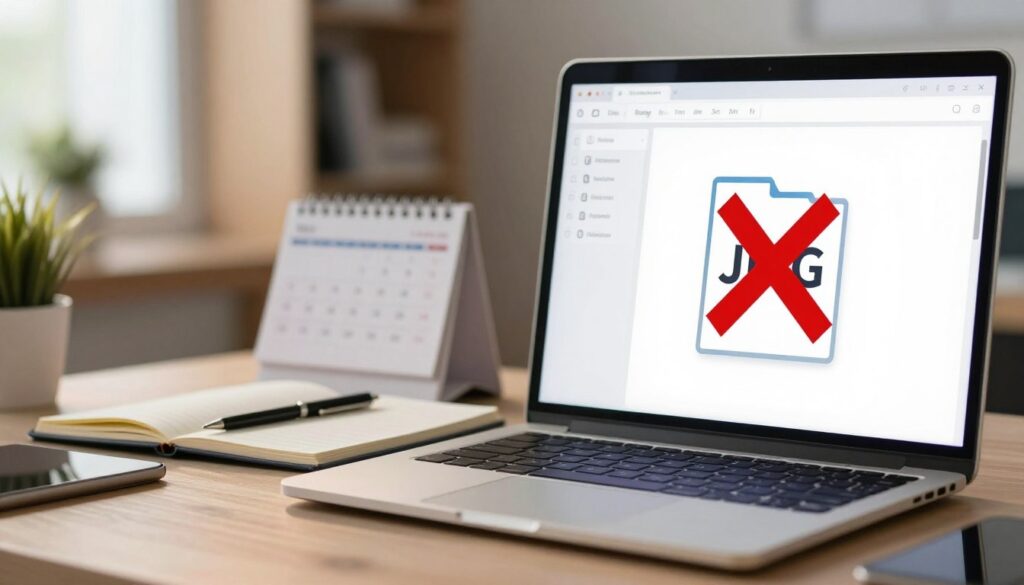 A professional workspace setting where a computer screen displays various file formats, prominently featuring a JPEG (JPG) icon that has a red "X" over it to symbolize the concept of it being a poor choice for CV submissions. In the foreground, include a sleek, modern laptop with a soft glow emanating from the screen, reflecting a professional atmosphere. In the middle, an open notepad with a pen, emphasizing organization, and a blurred image of a calendar on the desk indicating deadlines. The background softly fades into a well-lit office with subtle details like a potted plant and a bookshelf, creating a serene and focused mood. Use warm lighting to enhance the inviting atmosphere. A professional workspace setting where a computer screen displays various file formats, prominently featuring a JPEG (JPG) icon that has a red "X" over it to symbolize the concept of it being a poor choice for CV submissions. In the foreground, include a sleek, modern laptop with a soft glow emanating from the screen, reflecting a professional atmosphere. In the middle, an open notepad with a pen, emphasizing organization, and a blurred image of a calendar on the desk indicating deadlines. The background softly fades into a well-lit office with subtle details like a potted plant and a bookshelf, creating a serene and focused mood. Use warm lighting to enhance the inviting atmosphere.