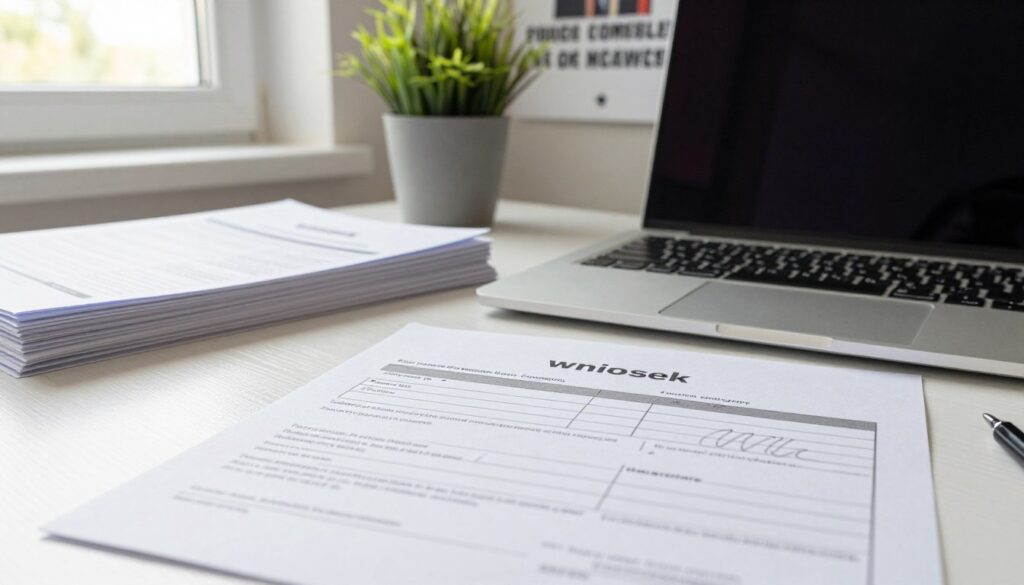 A professional workspace showcasing a neatly arranged desk with a variety of documents representing a "wniosek" (application). In the foreground, a close-up of a neatly filled application form with lines for personal information and required signatures visible. In the middle ground, a laptop and a stack of printed guidelines about application procedures, illuminated by soft, natural light coming from a nearby window. A potted plant adds a touch of greenery to the scene. In the background, a wall with a motivational poster about military service, emphasizing commitment and professionalism. The overall mood is focused and encouraging, highlighting the importance of organization and preparation in military applications. A professional workspace showcasing a neatly arranged desk with a variety of documents representing a "wniosek" (application). In the foreground, a close-up of a neatly filled application form with lines for personal information and required signatures visible. In the middle ground, a laptop and a stack of printed guidelines about application procedures, illuminated by soft, natural light coming from a nearby window. A potted plant adds a touch of greenery to the scene. In the background, a wall with a motivational poster about military service, emphasizing commitment and professionalism. The overall mood is focused and encouraging, highlighting the importance of organization and preparation in military applications.