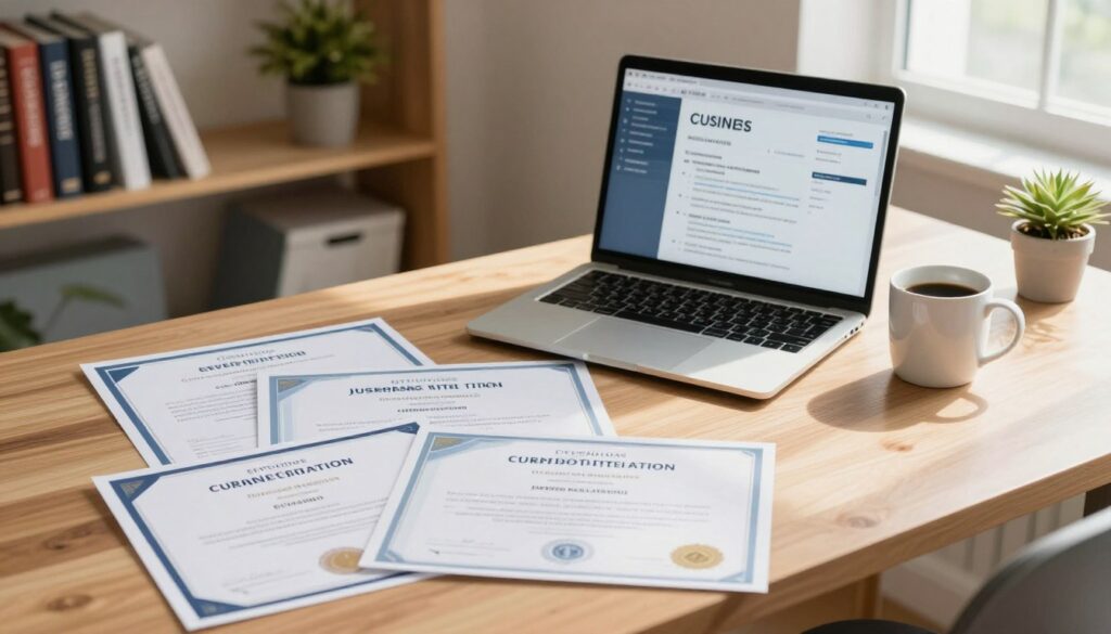 A professional workspace showcasing a well-organized desk. In the foreground, there's a neatly arranged set of education certificates and course completion diplomas, featuring diverse subjects like business, technology, and languages. In the middle ground, an open laptop displays a polished CV template, with a coffee mug beside it. The background features a bookshelf with reference books and potted plants, creating a warm atmosphere. Soft natural lighting streams in from a window, casting gentle shadows, and creating an inviting mood. The scene is framed from a slight angle to add depth, ensuring the focus remains on the educational materials and the CV, representing a candidate’s professional qualifications.