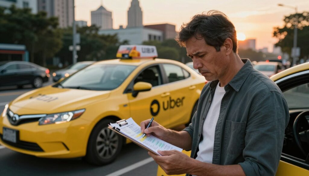 A realistic and detailed portrayal of a busy urban environment, capturing the essence of the expenses faced by an Uber driver. In the foreground, a middle-aged driver in smart casual attire, looking concerned while examining car maintenance receipts and fuel bills on a clipboard. In the middle ground, a gleaming yellow Uber vehicle parked in a bustling city street, surrounded by landmarks and traffic that reflect an urban lifestyle. The background showcases a sunset skyline, casting warm golden light across the scene, adding to the atmosphere of financial struggle. The image should exude a mood of contemplation and realism, emphasizing the hidden costs of being an Uber driver, with a focus on the driver's thoughtful expression. The angle should be slightly elevated to capture both the driver and the vehicle effectively.