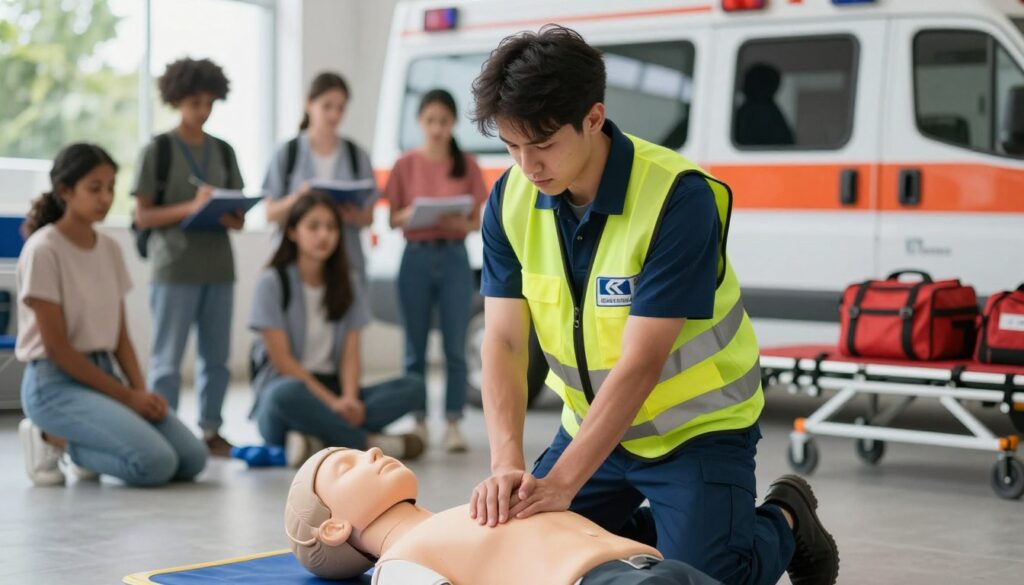 A scene depicting a medical rescuer in action, highlighting the essentials of becoming an emergency medical technician. In the foreground, a determined young adult, dressed in a professional medical uniform with a reflective vest, is practicing CPR on a training dummy. The middle ground features a group of diverse students actively engaged in a first-aid training session, observing and taking notes. The background showcases an ambulance and relevant emergency medical equipment, such as a stretcher and medical bags. Soft, natural lighting illuminates the scene, creating a vibrant and motivational atmosphere, while a shallow depth of field focuses on the rescuer, emphasizing the seriousness and importance of the profession.