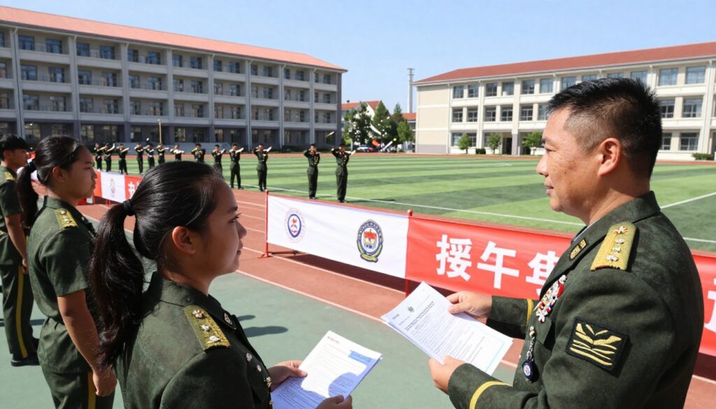 A scene depicting a military academy campus during a recruitment day, with a diverse group of prospective cadets in professional attire engaging with military instructors. The foreground features a young woman attentively listening to a seasoned officer explaining the admissions process, surrounded by brochures and instructional materials. In the middle, a banner displays the academy’s emblem, while other cadets participate in physical training activities. The background showcases impressive barracks and green parade grounds under a bright blue sky, conveying a sense of ambition and dedication. The lighting is bright and inviting, emphasizing a hopeful atmosphere. The angle captures a dynamic perspective that immerses the viewer in the academy experience, inspiring a commitment to military service and officer training. A scene depicting a military academy campus during a recruitment day, with a diverse group of prospective cadets in professional attire engaging with military instructors. The foreground features a young woman attentively listening to a seasoned officer explaining the admissions process, surrounded by brochures and instructional materials. In the middle, a banner displays the academy’s emblem, while other cadets participate in physical training activities. The background showcases impressive barracks and green parade grounds under a bright blue sky, conveying a sense of ambition and dedication. The lighting is bright and inviting, emphasizing a hopeful atmosphere. The angle captures a dynamic perspective that immerses the viewer in the academy experience, inspiring a commitment to military service and officer training.