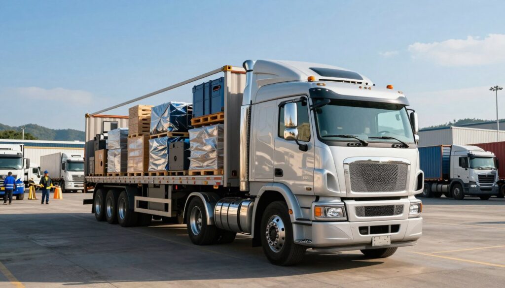 A scene featuring a well-maintained heavy-duty truck, showcasing a cargo trailer loaded with various types of goods, such as pallets, containers, and industrial equipment. In the foreground, the truck stands proudly with shiny paint and detailed chrome accents, emphasizing its robust build. The middle ground includes a busy logistics yard with additional trucks and workers in professional business attire managing cargo. In the background, a clear blue sky meets a distant skyline populated with warehouses and rolling hills. The lighting is bright and natural, capturing the time of day as afternoon, creating a vibrant and industrious atmosphere. The angle is slightly low, emphasizing the size and power of the truck, while maintaining a sense of professionalism throughout the scene.