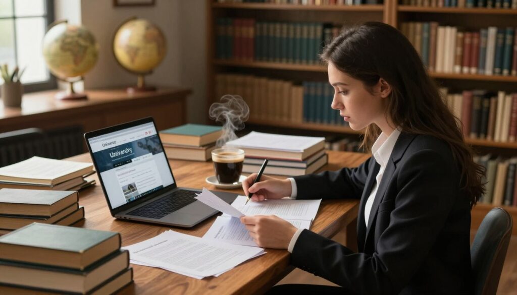 A scholarly individual seated at a large wooden desk in a cozy study, surrounded by academic books and papers. In the foreground, a young woman reviews her study materials, dressed in professional business attire, with focused determination on her face. In the middle ground, an open laptop displays a university website, and a steaming cup of coffee exudes warmth, suggesting late-night study sessions. The background features a warm-lit, inviting library with shelves filled with books, a globe, and soft, ambient lighting that enhances the scholarly atmosphere. The composition is well-balanced, framed slightly from above to capture both the subject and the enriching environment, with a hint of sunlight filtering through a window, creating a motivating and inspiring mood. A scholarly individual seated at a large wooden desk in a cozy study, surrounded by academic books and papers. In the foreground, a young woman reviews her study materials, dressed in professional business attire, with focused determination on her face. In the middle ground, an open laptop displays a university website, and a steaming cup of coffee exudes warmth, suggesting late-night study sessions. The background features a warm-lit, inviting library with shelves filled with books, a globe, and soft, ambient lighting that enhances the scholarly atmosphere. The composition is well-balanced, framed slightly from above to capture both the subject and the enriching environment, with a hint of sunlight filtering through a window, creating a motivating and inspiring mood.