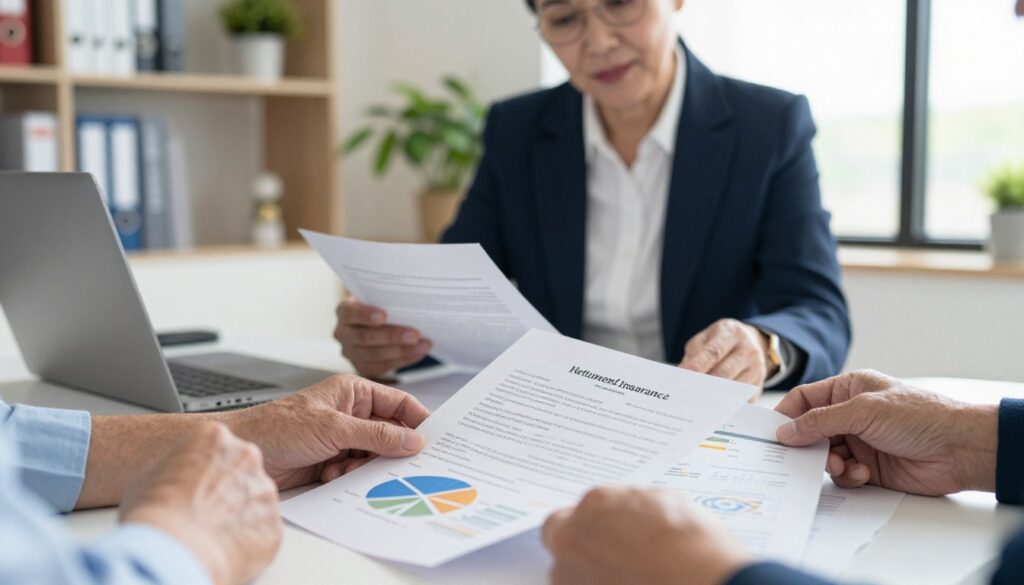 A senior citizen focused on their health insurance payments sits at a desk in a well-lit office. The foreground features a close-up of their hands as they organize financial documents, including charts and graphs showing health contributions. In the middle ground, a middle-aged Caucasian male or female dressed in professional business attire is reviewing contracts, looking thoughtfully at the paperwork. The background reveals shelves with books about retirement planning and financial advice, along with a potted plant adding a touch of warmth. Natural light streams through the window, creating a bright, optimistic atmosphere that reflects the importance of financial stability in retirement. The composition emphasizes diligence and clarity, evoking a sense of preparation for the future.