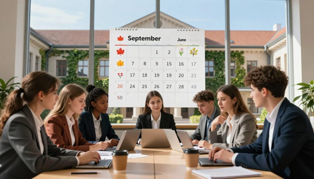 A serene academic setting depicting the concept of an academic year in Poland. In the foreground, a diverse group of students, dressed in professional business attire, are engaged in discussion around a table filled with study materials, laptops, and coffee mugs, symbolizing collaboration. In the middle ground, a calendar prominently displays the months of September to June, illustrated with seasonal icons representing autumn leaves and spring blooms. The background features a university building, classic architecture with ivy climbing its walls, under a clear blue sky. Soft, natural lighting filters through large windows, casting gentle shadows, creating a calm and scholarly atmosphere that reflects the seriousness and dedication of higher education. The focus should be on the vibrant interaction of students and the representations of the academic calendar. A serene academic setting depicting the concept of an academic year in Poland. In the foreground, a diverse group of students, dressed in professional business attire, are engaged in discussion around a table filled with study materials, laptops, and coffee mugs, symbolizing collaboration. In the middle ground, a calendar prominently displays the months of September to June, illustrated with seasonal icons representing autumn leaves and spring blooms. The background features a university building, classic architecture with ivy climbing its walls, under a clear blue sky. Soft, natural lighting filters through large windows, casting gentle shadows, creating a calm and scholarly atmosphere that reflects the seriousness and dedication of higher education. The focus should be on the vibrant interaction of students and the representations of the academic calendar.