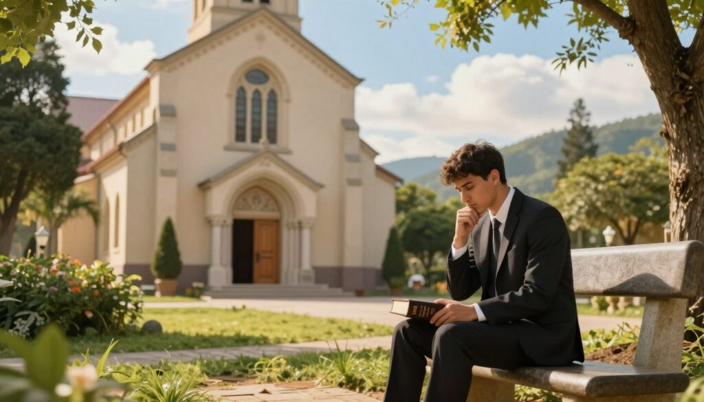 A serene and contemplative scene set in a sun-drenched church courtyard, surrounded by lush greenery. In the foreground, a young man in professional attire, deep in thought, sits on a stone bench, holding a small Bible. His expression reflects introspection and determination. In the middle ground, the church's grand entrance with tall wooden doors and arched windows, symbolizing the path to priesthood. The background features a gentle blue sky with soft, fluffy clouds, and the silhouette of distant hills. Warm, golden lighting bathes the scene, creating a tranquil and inspiring atmosphere, highlighting the journey of faith and commitment. The composition is framed with a balanced focus on the man, inviting viewers into his moment of reflection.