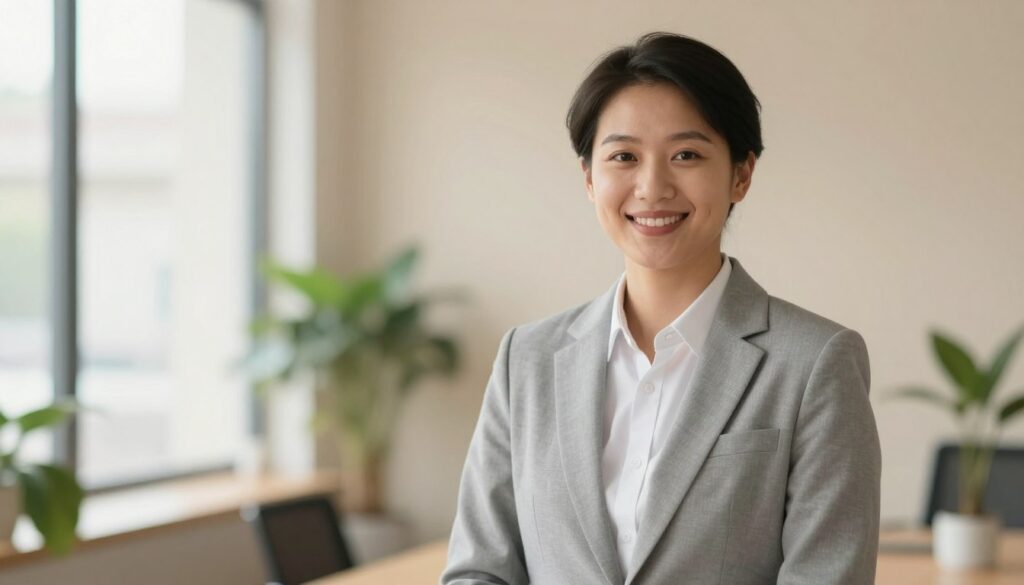 A serene and professional environment designed for a CV photograph. In the foreground, a well-dressed individual in business attire stands confidently, smiling naturally. The person is framed against a softly blurred, warm-colored backdrop that enhances their professional demeanor. In the middle ground, soft-focus plants and minimalist decor suggest an office setting, while warm daylight filters through a large window, creating a gentle glow. The lighting is even and flattering, complementing the subject. The background features neutral tones of beige and light gray, providing a calm atmosphere, while the overall mood is approachable and professional. The scene is composed with a slight depth of field, emphasizing the individual and their friendly expression, making it ideal for a CV photo.