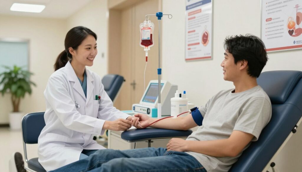 A serene blood donation center interior, focusing on the process of donating blood. In the foreground, a smiling healthcare professional in a white coat gently instructs a patient sitting comfortably on a reclining chair, wearing modest casual clothing. The middle layer features a clear view of blood donation equipment, including an IV drip, blood bag, and sterilized instruments, showcasing a clean and organized environment. The background includes soft lighting from overhead panels, wall posters promoting blood donation, and potted plants, creating a welcoming atmosphere. The scene embodies a sense of calm and positivity, emphasizing care, safety, and community support.