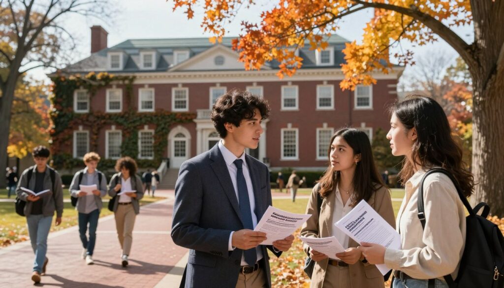 A serene campus scene at Harvard University during a sunny autumn day, focusing on a diverse group of students discussing financial aid options under the vibrant orange and yellow leaves of a tree. In the foreground, two students—one male wearing a tailored business suit and one female in a modest casual outfit—are engaged in conversation, holding brochures about need-blind admission policies. In the middle, a classic Harvard building with red bricks and ivy climbing the walls represents academic excellence. The background features students walking and studying, creating a lively atmosphere. The lighting is warm and inviting, capturing the essence of hope and opportunity. The image conveys a sense of ambition and support for students from different backgrounds. A serene campus scene at Harvard University during a sunny autumn day, focusing on a diverse group of students discussing financial aid options under the vibrant orange and yellow leaves of a tree. In the foreground, two students—one male wearing a tailored business suit and one female in a modest casual outfit—are engaged in conversation, holding brochures about need-blind admission policies. In the middle, a classic Harvard building with red bricks and ivy climbing the walls represents academic excellence. The background features students walking and studying, creating a lively atmosphere. The lighting is warm and inviting, capturing the essence of hope and opportunity. The image conveys a sense of ambition and support for students from different backgrounds.