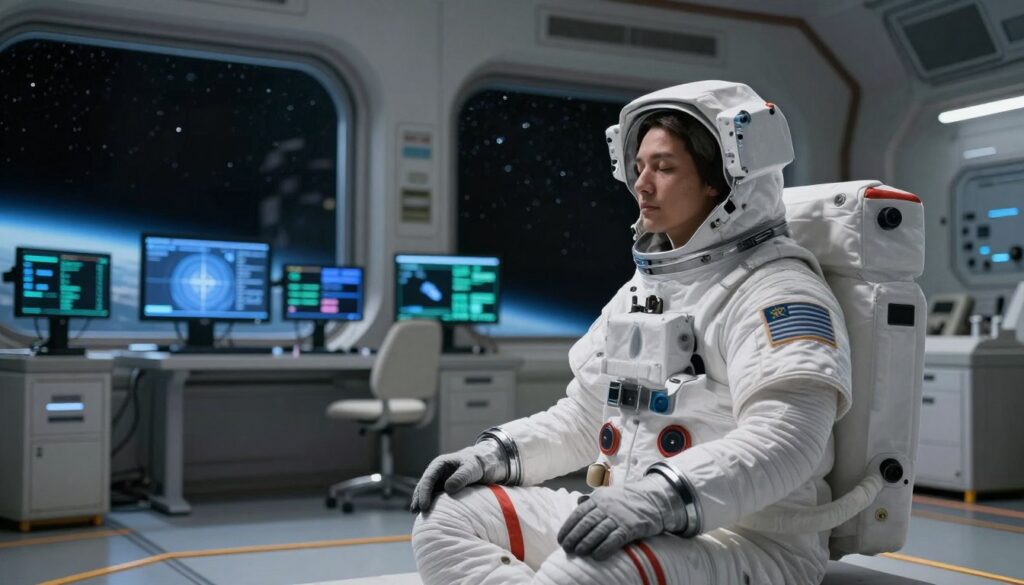 A serene, futuristic space habitat interior, emphasizing mental competencies like stress management and self-control. In the foreground, an astronaut in a professional space suit calmly engages in meditation or breathing exercises, showcasing focus and tranquility. In the middle ground, several screens display data, suggesting psychological assessments and simulations. The background reveals a spacious yet cozy environment with soft, ambient lighting that enhances a sense of safety and comfort. Large windows show the vastness of space, dotted with distant stars. The atmosphere is peaceful, with a hint of introspection, reflecting the challenges and resilience needed to thrive in a closed space environment. The overall composition should evoke a sense of calm, determination, and readiness for the mental challenges of space life.