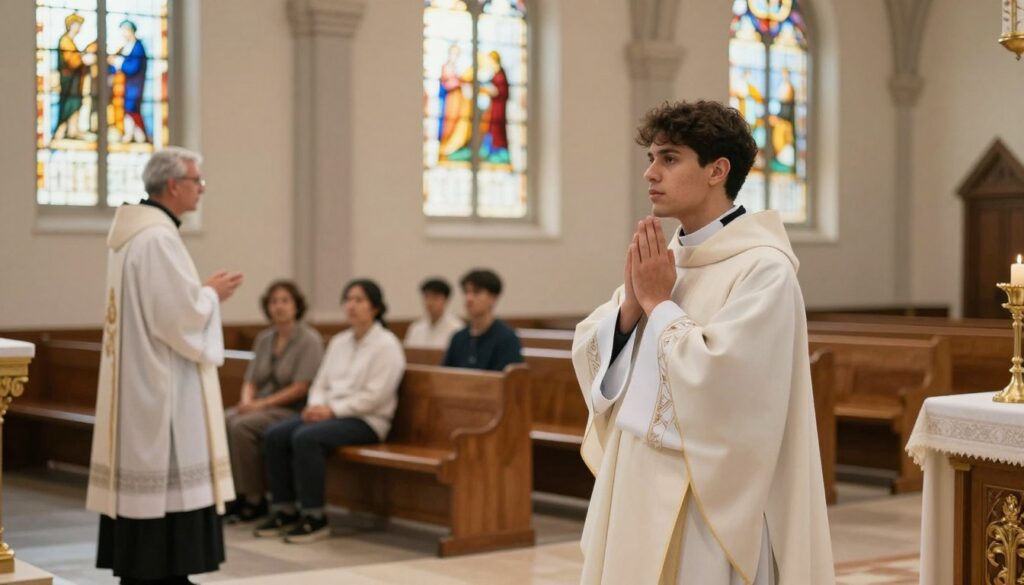 A serene interior of a modern church, showcasing the stages of priestly ordination. In the foreground, a thoughtful young man in professional attire stands next to an altar, symbolizing the beginning of his spiritual journey. In the middle ground, a series of wooden benches arranged neatly, with a few attentive individuals in modest casual clothing, listening to a wise priest giving guidance. The background features ornate stained glass windows allowing warm, soft light to filter into the space, creating a hopeful atmosphere. The camera angle is slightly low, capturing both the reverence of the setting and the young man’s contemplation, evoking a sense of aspiration and dedication to the path of priesthood. Overall, the image radiates faith, community, and determination.
