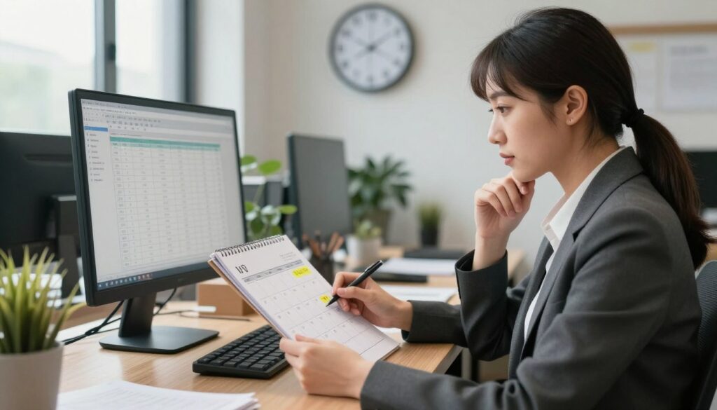 A serene office environment illustrating part-time work dynamics. In the foreground, a professional female employee dressed in business attire, thoughtfully reviewing a calendar with notes indicating vacation days. In the middle ground, a desktop with a computer displaying a spreadsheet calculating work hours, alongside a clock showing flexible time management. The background features calm office decor, with soft natural light filtering through a window, reflecting a balanced work-life atmosphere. The lens perspective captures the scene at a slight angle, providing depth and focus on the employee's focused expression and the organized workspace. The mood is one of productivity and clarity, emphasizing the structure and proportionality in part-time employment and holiday calculations.