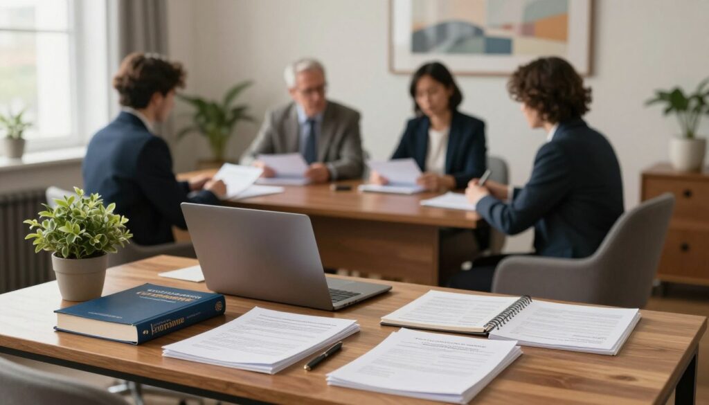 A serene office environment set up for a psychotherapy certification exam. In the foreground, a neatly organized wooden desk with essential study materials, including textbooks, a laptop, and a notepad filled with notes. A potted plant adds a touch of greenery next to various certification documents. In the middle, a panel of examiners sits behind a polished table, dressed in professional attire, engaged in reviewing applicants. The background features a softly lit room with calming art on the walls and a comfortable chair, creating a reassuring atmosphere. Natural light filters in through a window, illuminating the scene with a warm glow, conveying a sense of professionalism and determination. The mood is focused yet supportive, ideal for aspiring psychotherapists preparing for their qualifications.