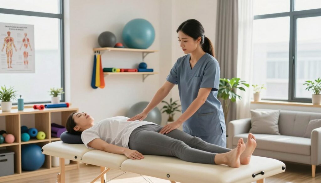 A serene physiotherapy clinic interior featuring a well-organized treatment room. In the foreground, a therapist in professional attire is demonstrating proper stretching techniques to a patient on a therapy table, both displaying focused expressions. The middle ground includes shelves lined with physiotherapy equipment, like exercise balls, resistance bands, and anatomical diagrams. Soft, natural light streams in through large windows, casting gentle shadows that enhance the calming atmosphere. The background showcases a potted plant and a cozy seating area for patients, emphasizing a welcoming environment. The overall mood is professional yet comforting, reflecting the dedication to health and recovery in a private physiotherapy practice.