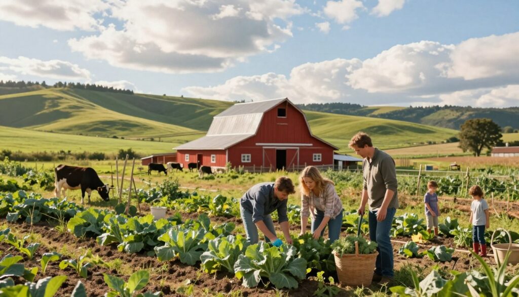 A serene rural scene depicting a family farm in the foreground, showing a couple in modest casual clothing tending to a lush vegetable garden. Nearby, children play with farm animals, emphasizing the bond of family and stewardship. In the middle ground, a traditional red barn stands surrounded by green fields, with sunlight filtering through fluffy clouds, casting soft shadows. Rolling hills stretch into the background, where a clear blue sky enhances the peaceful atmosphere. The image conveys a sense of harmony and hard work in a farming environment, showcasing the importance of home life and agricultural diligence, all while maintaining a warm, inviting mood.