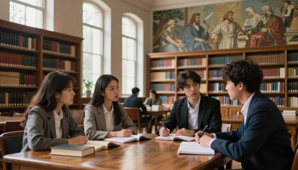 A serene university library filled with shelves of books on humanities and philology. In the foreground, a diverse group of three students, two women and one man, engage in a passionate discussion, dressed in professional business attire. Books and notebooks are scattered on an ornate wooden table, symbolizing study and collaboration. In the middle ground, an elegant reading area with tall windows allowing soft natural light to filter in, creating a warm and inviting atmosphere. The background features a large mural of famous literary figures, representing the rich history of humanistic studies. The scene conveys a sense of inspiration, intellectual curiosity, and the blending of passion with academic pursuit. The lighting is soft and diffused, casting gentle shadows to enhance the tranquil mood.