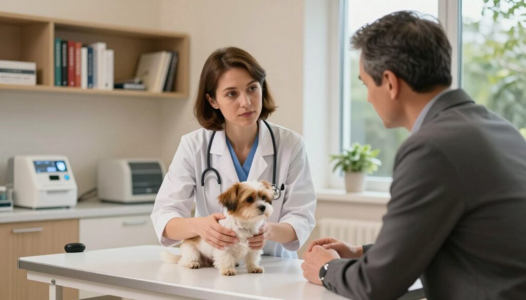 A serene veterinary clinic interior, showcasing a dedicated veterinarian in a smart casual outfit, examining a small dog on a clean examination table. The veterinarian, a woman in her thirties with short brown hair, displays focused expressions as she interacts with the pet owner, a middle-aged man in a business-casual attire. In the background, shelves lined with veterinary books and equipment emphasize a professional environment. Soft, warm lighting illuminates the room, creating an inviting atmosphere. Through a window, hints of greenery from an outdoor garden can be seen, adding to the calm ambiance. The scene conveys dedication and compassion, appropriate for the theme of veterinary salaries in Poland, emphasizing a professional yet caring setting.
