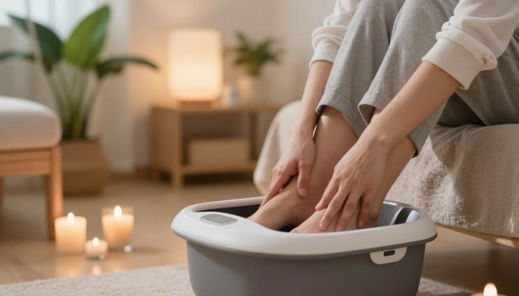 A serene wellness scene featuring a relaxing foot massage in a tranquil environment. In the foreground, a pair of feet resting in a sleek, modern foot massager, surrounded by soothing elements like aromatherapy candles and soft fabrics. The middle ground showcases a gently lit room adorned with plants, hinting at relaxation and comfort, while a well-dressed professional, wearing modest casual clothing, provides the massage. The background boasts soft, ambient lighting that enhances a cozy, inviting atmosphere, with subtle hints of natural wood and calming colors. Capture the peaceful ambiance and the therapeutic essence of foot care, evoking a sense of well-being and relaxation. Use a soft focus lens to create an intimate, warm scene.