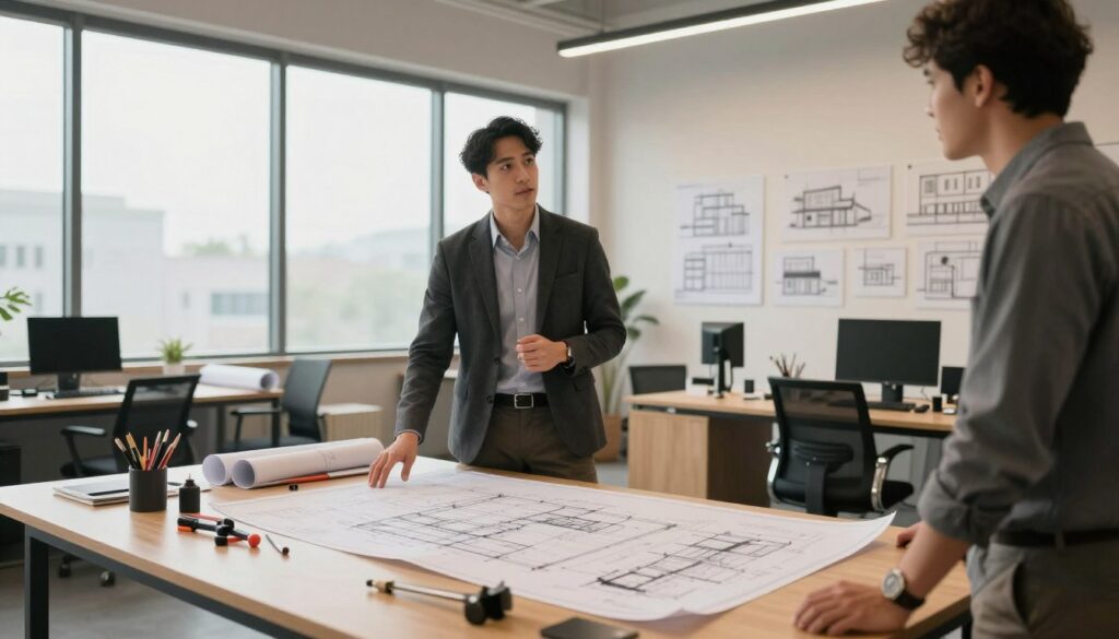 A skilled architect standing confidently in a modern office filled with architectural blueprints and design models. In the foreground, the architect, dressed in a smart business outfit, is engaged in a discussion with a colleague, showcasing teamwork and collaboration. In the middle, a large drafting table holds detailed project plans, with various architectural tools neatly arranged around it. The background features floor-to-ceiling windows that allow natural light to flood the space, illuminating innovative architectural designs on the walls. The atmosphere is professional, inspiring, and reflective of creativity and expertise. The angle captures the dynamic interaction of the professionals, highlighting their expertise in elevating their career. Soft, warm lighting enhances the inviting ambiance of the workspace, emphasizing the importance of skill development in architecture. A skilled architect standing confidently in a modern office filled with architectural blueprints and design models. In the foreground, the architect, dressed in a smart business outfit, is engaged in a discussion with a colleague, showcasing teamwork and collaboration. In the middle, a large drafting table holds detailed project plans, with various architectural tools neatly arranged around it. The background features floor-to-ceiling windows that allow natural light to flood the space, illuminating innovative architectural designs on the walls. The atmosphere is professional, inspiring, and reflective of creativity and expertise. The angle captures the dynamic interaction of the professionals, highlighting their expertise in elevating their career. Soft, warm lighting enhances the inviting ambiance of the workspace, emphasizing the importance of skill development in architecture.