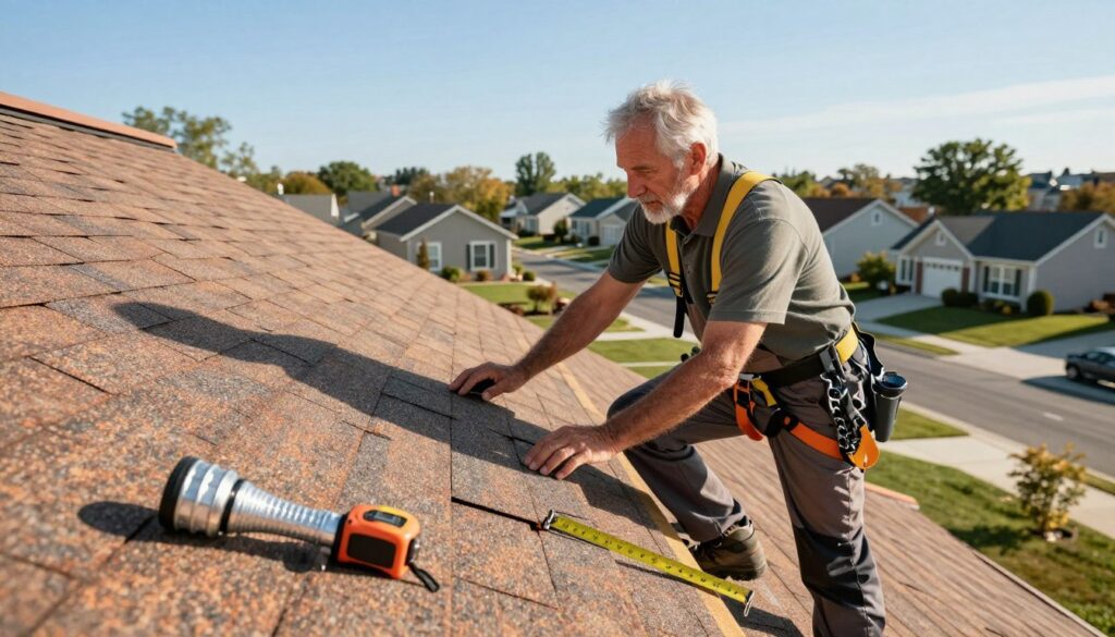 A skilled roofer, dressed in professional work attire, stands on a sloped roof under a clear blue sky, surveying his tools and materials for a busy day ahead. In the foreground, a metallic flashlight, a measuring tape, and a safety harness rest on the roof. The middle ground captures the roofer carefully examining the shingles, showcasing years of experience in his focused expression. In the background, a picturesque suburban neighborhood with various house designs reflects different regions, enhancing the theme of varying earnings based on location. Soft sunlight casts dynamic shadows, creating a warm and inviting atmosphere, while a slight breeze rustles through the surrounding trees, symbolizing the challenges and opportunities faced in the roofing profession.