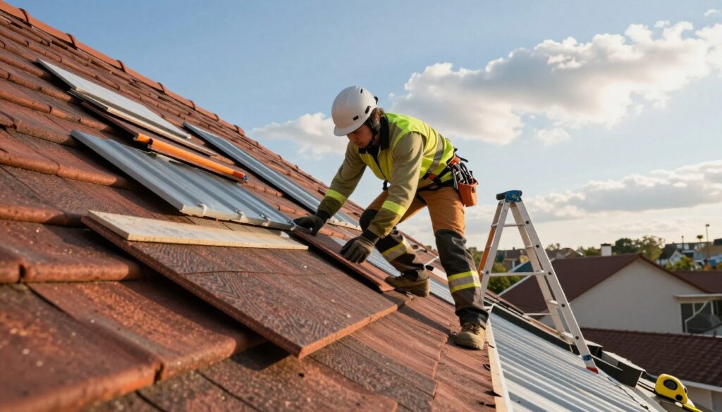 A skilled roofer working on a steep sloped roof, showcasing various roofing materials like tiles, shingles, and metal sheets. In the foreground, the roofer, dressed in professional safety gear, is carefully placing a tile, demonstrating precision and expertise. The middle ground features neatly arranged roofing materials and tools, such as a ladder, hammer, and measuring tape, reflecting a busy worksite. In the background, a clear blue sky with soft, fluffy clouds contrasts with the vibrant colors of the roofing materials. The lighting is warm and natural, highlighting the textures of the materials and creating an atmosphere of diligence and craftsmanship. The shot is taken from a low angle, emphasizing the height of the roof and the roofer's skillful work.