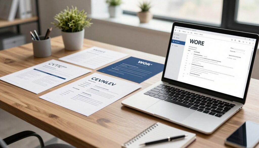 A sleek and modern workspace showcasing various CV templates for different industries. In the foreground, a laptop displays a professional Word document with an elegant CV design, featuring clean lines and a minimalist aesthetic. Beside the laptop, a stylish notepad and pen rest on a polished wooden desk. In the middle, a selection of printed CV templates lies scattered, showcasing diverse color schemes and layouts tailored for technology, healthcare, and creative industries. The background features an office with soft natural light filtering through a window, adorned with potted plants and minimalistic decor, creating a vibrant and inspiring atmosphere. The scene captures a professional and organized vibe, emphasizing the importance of a well-designed CV. The overall mood is focused and motivational, highlighting preparation for career advancement. A sleek and modern workspace showcasing various CV templates for different industries. In the foreground, a laptop displays a professional Word document with an elegant CV design, featuring clean lines and a minimalist aesthetic. Beside the laptop, a stylish notepad and pen rest on a polished wooden desk. In the middle, a selection of printed CV templates lies scattered, showcasing diverse color schemes and layouts tailored for technology, healthcare, and creative industries. The background features an office with soft natural light filtering through a window, adorned with potted plants and minimalistic decor, creating a vibrant and inspiring atmosphere. The scene captures a professional and organized vibe, emphasizing the importance of a well-designed CV. The overall mood is focused and motivational, highlighting preparation for career advancement.