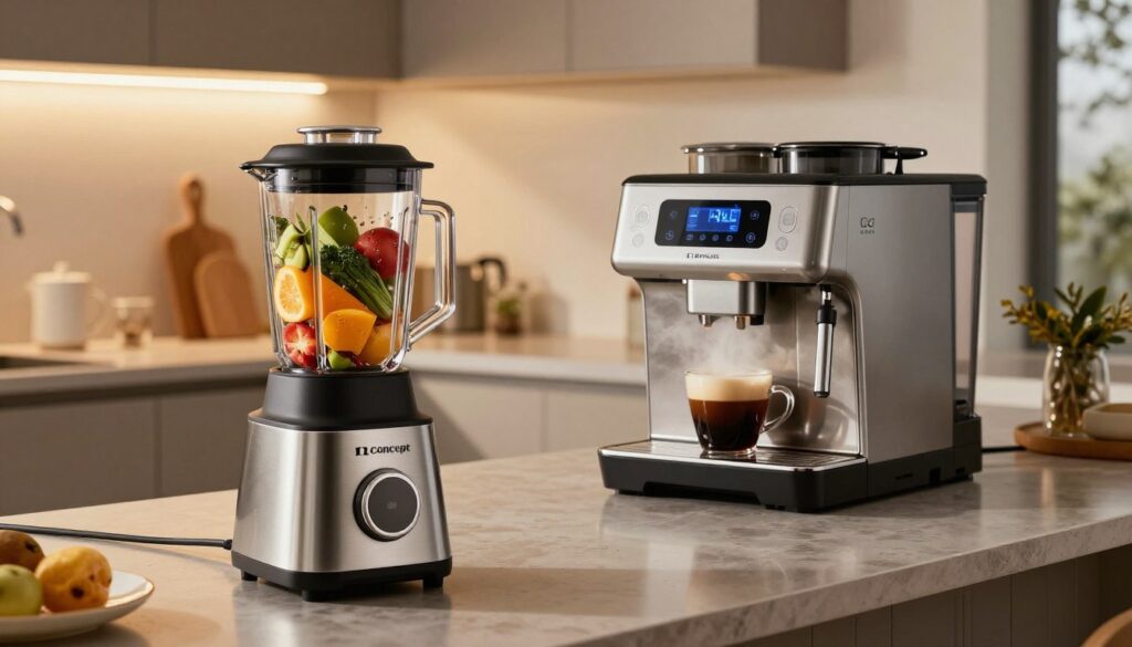A sleek, modern kitchen showcasing Concept appliances in action. In the foreground, a stylish, high-tech blender seamlessly blending vibrant fruits and vegetables, its stainless steel body reflecting soft kitchen lights. In the middle ground, a futuristic coffee maker brews a rich espresso, steam gently rising, while a digital display showcases its smart features. The background features a well-organized countertop adorned with Concept branding. The kitchen has warm, ambient lighting creating an inviting atmosphere, with a subtle hint of natural light filtering in from a window. The scene is captured from a slightly elevated angle to emphasize the modernity and innovation of Concept’s products, evoking a sense of quality and sophistication in the realm of home appliances. A sleek, modern kitchen showcasing Concept appliances in action. In the foreground, a stylish, high-tech blender seamlessly blending vibrant fruits and vegetables, its stainless steel body reflecting soft kitchen lights. In the middle ground, a futuristic coffee maker brews a rich espresso, steam gently rising, while a digital display showcases its smart features. The background features a well-organized countertop adorned with Concept branding. The kitchen has warm, ambient lighting creating an inviting atmosphere, with a subtle hint of natural light filtering in from a window. The scene is captured from a slightly elevated angle to emphasize the modernity and innovation of Concept’s products, evoking a sense of quality and sophistication in the realm of home appliances.