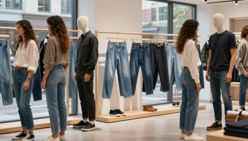 A sleek, modern showcase of Cross Jeans in a lifestyle setting, featuring a variety of denim styles arranged attractively. In the foreground, display a diverse group of individuals wearing Cross Jeans, showcasing different cuts and colors, from skinny to relaxed fits, styled with casual, stylish tops. The middle ground should feature hanging jeans on minimalist wooden racks, with a vibrant selection of accessories like belts and casual shoes complementing the display. In the background, suggest a contemporary urban environment with soft natural lighting filtering through large windows, creating an inviting atmosphere. Capture the essence of lifestyle branding, highlighting comfort and versatility in denim fashion, all with a polished, professional appeal.