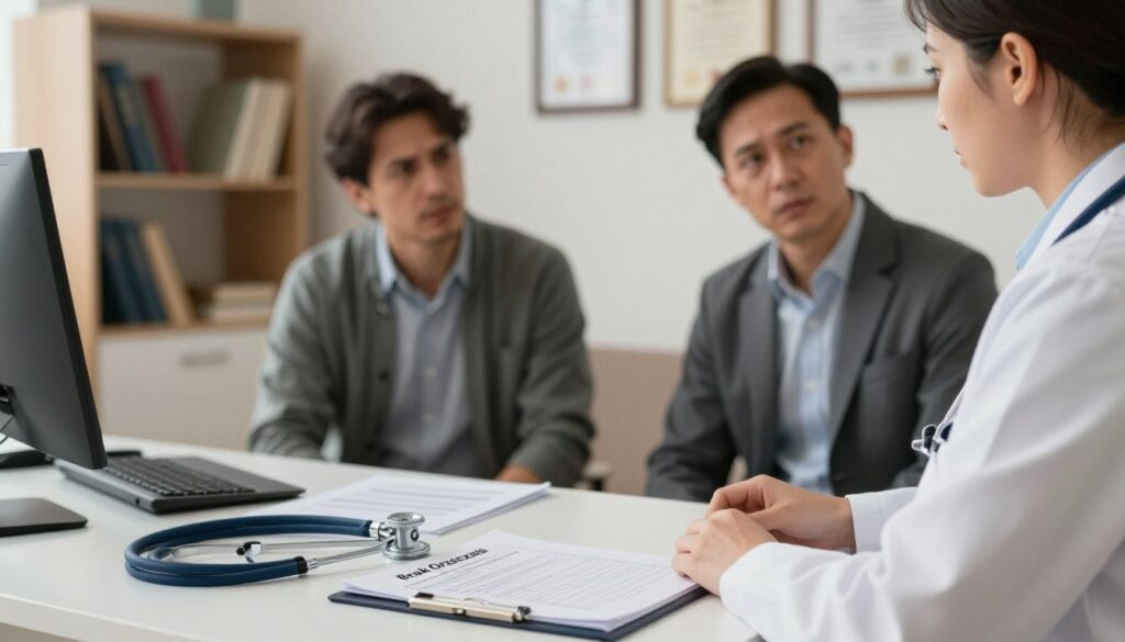 A solemn office scene depicting a medical professional's workspace. In the foreground, a neatly arranged desk with a stethoscope, medical charts, and a "Brak Orzeczenia" document prominently displayed, conveying the theme of missing medical clearance. In the middle ground, a concerned patient in professional attire speaks to the doctor, who listens attentively, both displaying expressions of seriousness and contemplation. The background features a soft-focus shelf with medical books and a wall adorned with framed medical diplomas. The lighting is warm and diffused, creating an atmosphere of professionalism and urgency. The angle is slightly above eye level, emphasizing the gravity of the situation while avoiding any distractions.