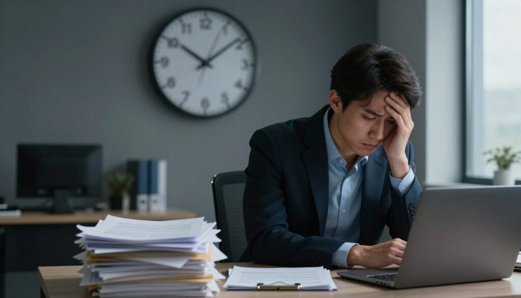 A somber office environment conveying the concept of "total incapacity to work." In the foreground, a weary individual in professional attire sits at a cluttered desk with a stack of medical documents and an open laptop. They appear deep in thought, their body language reflecting stress and concern. In the middle ground, a large wall clock shows the passage of time, symbolizing the struggle of a prolonged condition. The background features a dimly lit office space, with muted colors and soft shadows, enhancing the mood of contemplation. Natural light filters through a nearby window, casting gentle highlights on the paperwork, creating a sense of silent urgency. The overall atmosphere conveys seriousness and reflection on the implications of work incapacity.
