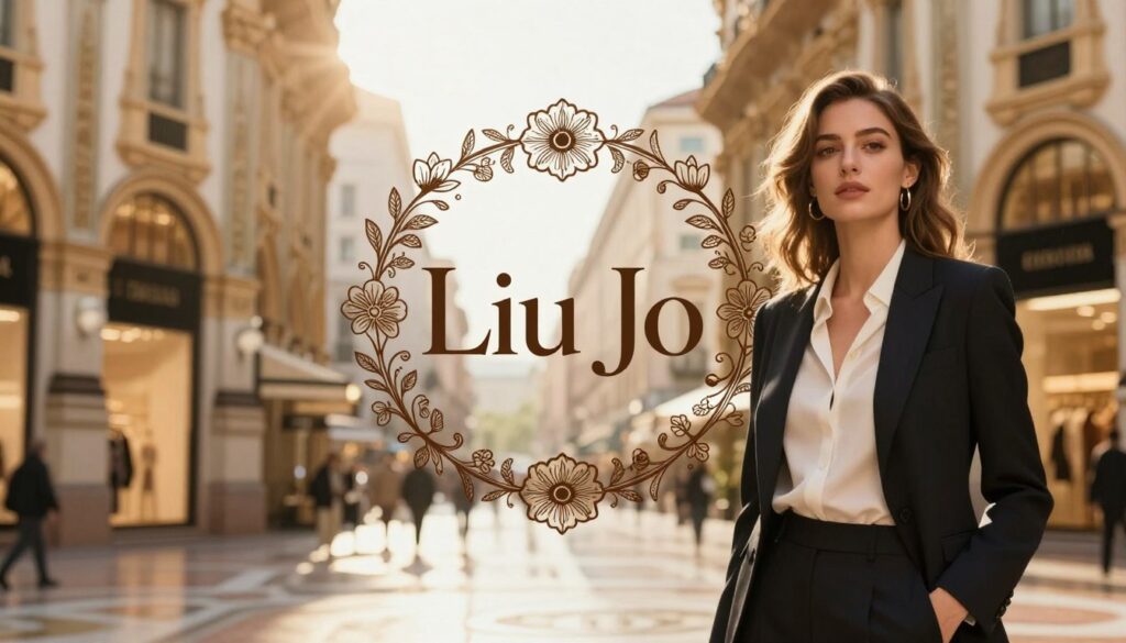 A sophisticated branding concept illustration representing the origin and meaning of the name "Liu Jo." In the foreground, a stylish and elegant woman dressed in professional business attire, symbolizing modern fashion, stands confidently. The middle ground features a beautifully designed logo of "Liu Jo" surrounded by intricate motifs inspired by Italian culture, such as elegant florals or architectural elements. In the background, a soft-focus urban setting of a chic Milan shopping street, with warm sunlight filtering through, casting a golden hue over the scene. The overall atmosphere is one of luxury, sophistication, and cultural richness, capturing the essence of the brand's identity and heritage. The lighting is warm and inviting, with a shallow depth of field to emphasize the foreground elements, while the background remains subtly blurred to keep the focus on the main subjects.