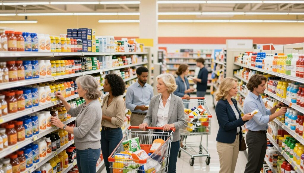 A spacious macro store aisle filled with an array of products, showcasing vibrant colors and well-organized displays. In the foreground, a diverse group of private individuals—men and women of various ages and ethnicities—are wearing professional casual attire, thoughtfully examining items as they shop. The middle ground features towering shelves stocked with bulk goods, and shopping carts filled with grocery items. The background is softly illuminated by bright, inviting overhead lights, creating a warm shopping atmosphere. The angle of the shot is slightly elevated, giving a comprehensive view of the store's layout. The overall mood is friendly and bustling, capturing the experience of shopping in a wholesale setting as a private customer.