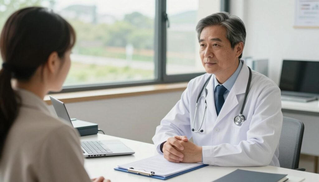 A specialized doctor working outside a hospital setting, depicted in a well-lit, modern office. In the foreground, a middle-aged male physician in a crisp, white coat and professional attire is consulting with a patient, showing empathy and attentiveness. The middle layer features a neatly organized desk with medical charts, a laptop, and a stethoscope. In the background, a large window allows natural light to filter in, overlooking a peaceful landscape with greenery. The atmosphere is calm and professional, conveying a sense of trust and professionalism. Capture the warmth of the environment with soft lighting and a slightly blurred background to focus on the doctor-patient interaction. A specialized doctor working outside a hospital setting, depicted in a well-lit, modern office. In the foreground, a middle-aged male physician in a crisp, white coat and professional attire is consulting with a patient, showing empathy and attentiveness. The middle layer features a neatly organized desk with medical charts, a laptop, and a stethoscope. In the background, a large window allows natural light to filter in, overlooking a peaceful landscape with greenery. The atmosphere is calm and professional, conveying a sense of trust and professionalism. Capture the warmth of the environment with soft lighting and a slightly blurred background to focus on the doctor-patient interaction.