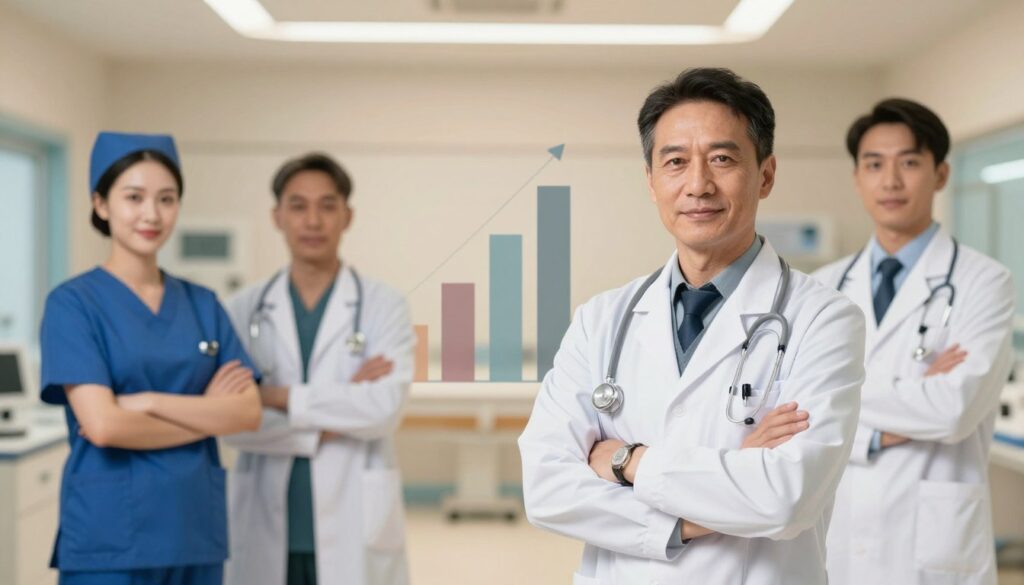 A split-scene composition illustrating the salary comparison of surgeons against other medical professionals. In the foreground, a confident surgeon in a crisp white coat stands with arms crossed, exuding professionalism. Beside them, a nurse and a general practitioner in smart casual attire convey teamwork in healthcare. The middle ground features a stylized bar graph or pie chart subtly embedded in the scene, visually representing varying salaries. The background fades into a hospital's operating room, with soft, warm lighting accentuating a sterile environment, emphasizing precision. The atmosphere is serious yet inspiring, highlighting the impact of medical roles on society. The image should avoid any text or labels, focusing solely on the professionals and the visual data representation.